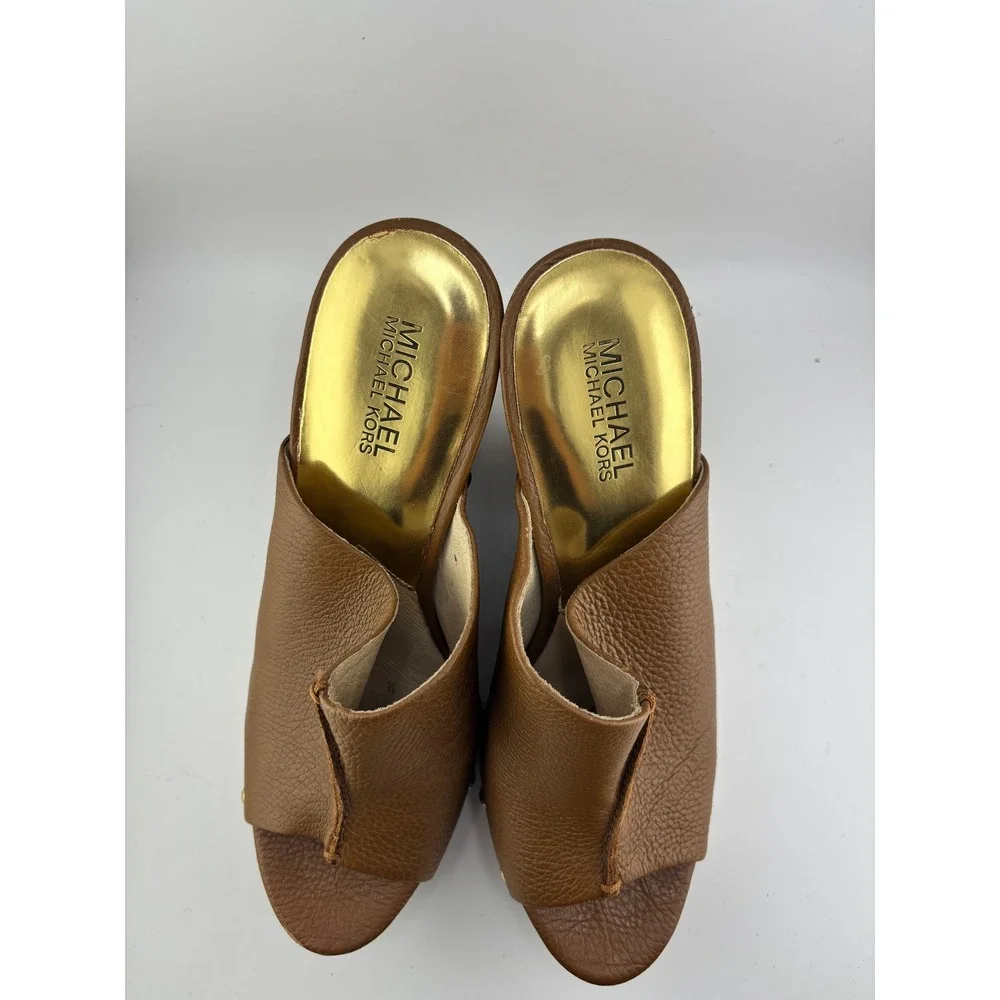 Michael Michael Kors Brown Pebbled Leather Studded Cork Wedge Sandals 9.5